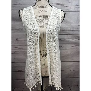 Espresso Crochet Lace Vest Sleeveless Tassel‎ Trim Boho Cover Up